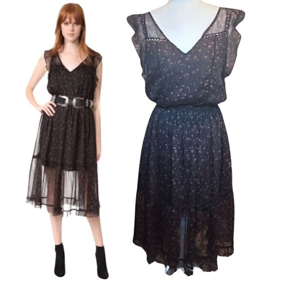 BB Dakota Cal Floral Print Dress Black Boho Size Medium - Picture 2 of 7